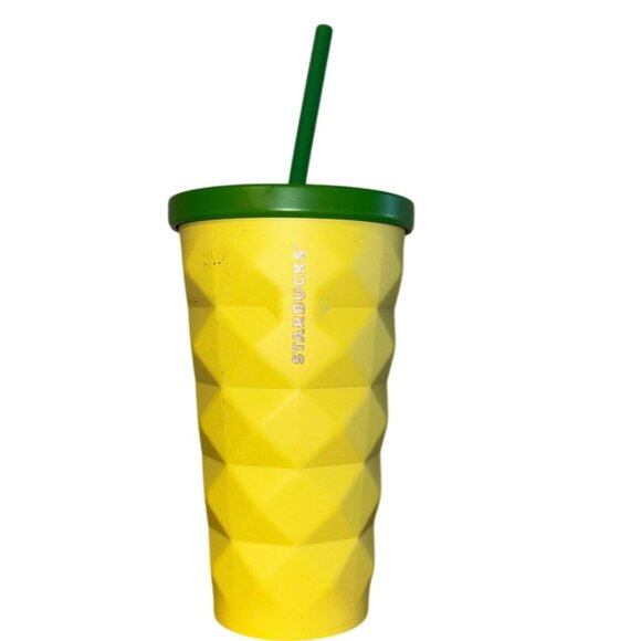 Starbucks Other - Starbucks Yellow Diamond Textured Tumbler With Green Lid & Straw 16 Oz BPA-Free